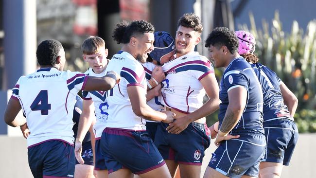 Ipswich SHS players celebrate a try earlier in the season, Picture: Patrick Woods.