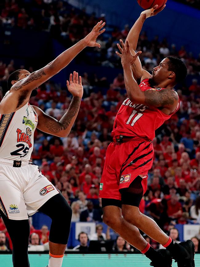 PERTH, AUSTRALIA – MARCH 05: Bryce Cotton of the Wildcats shoots during game three of the NBL Semi Final Series between the Perth Wildcats and the Cairns Taipans at RAC Arena on March 05, 2020 in Perth, Australia. (Photo by Will Russell/Getty Images)