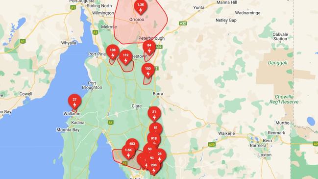 At the time of writing, more than 6600 SA Power Networks customers remain without power, with services not expected to be restored until early Saturday morning. Picture: Google Maps / SA Power Networks