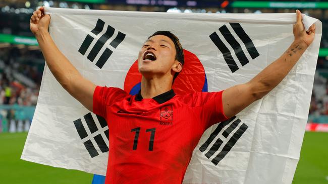 South Korea's Hwang Hee-Chan celebrates a win over Portugal at the 2022 World Cup. Picture: Odd Andersen/AFP