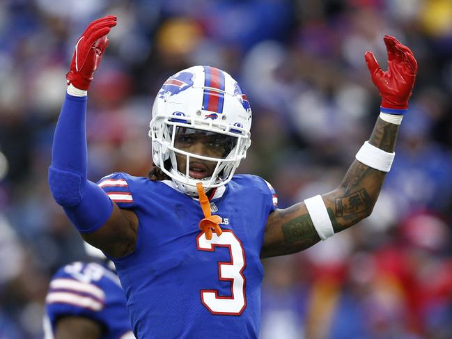 (FILES) In this file photo taken on November 13, 2022 Damar Hamlin #3 of the Buffalo Bills gestures towards the crowd during the third quarter against the Minnesota Vikings at Highmark Stadium in Orchard Park, New York. - The Monday night NFL game between the Buffalo Bills and Cincinnati Bengals was temporarily suspended after a player collapsed on the field and received CPR before an ambulance took him away. Part-way through the first quarter, Bills safety Damar Hamlin took a hard hit during a tackle, stood up and then collapsed to the floor. He received medical attention for over 20 minutes, with ESPN reporting that he had received CPR. (Photo by Isaiah Vazquez / GETTY IMAGES NORTH AMERICA / AFP)