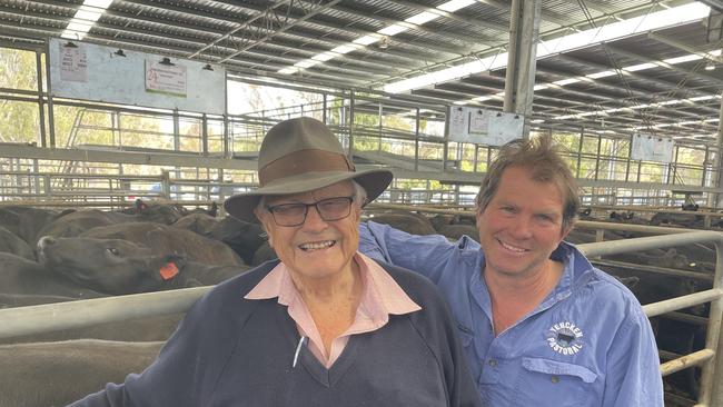 Marshall Yencken and his father David who sold their annual line of 135 Angus steers and heifers to a top of $2360 or 567c/kg at the Yea November weaner sale.