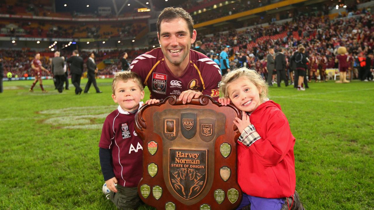 Maroons captain Cameron Smith poses with his children Jasper and Jada.
