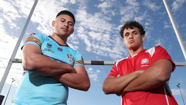 Arama Hau from Keebra Park and Tanu Nona from Palm Beach Currumbin renew the rugby league rivalry ahead of their Langer Trophy clash at Pizzey Park. Picture Glenn Hampson.