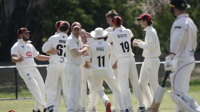 Beaumaris players celebrate the wicket of South Caulfield batter Callum Nankervis. Picture: Valeriu Campan