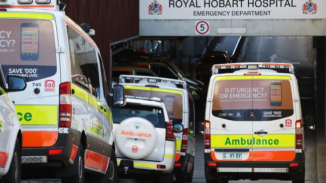 Ambulances ramped outside the Royal Hobart Hospital emergency department entrance. Picture: NIKKI DAVIS-JONES