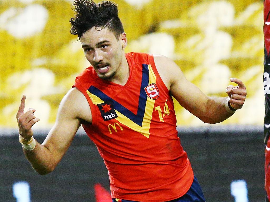 MELBOURNE, AUSTRALIA - JULY 04: Izak Rankine of South Australia celebrates a goal during the U18 AFL Championship match between Vic Metro and South Australia at Etihad Stadium on July 4, 2018 in Melbourne, Australia.  (Photo by Michael Dodge/Getty Images)