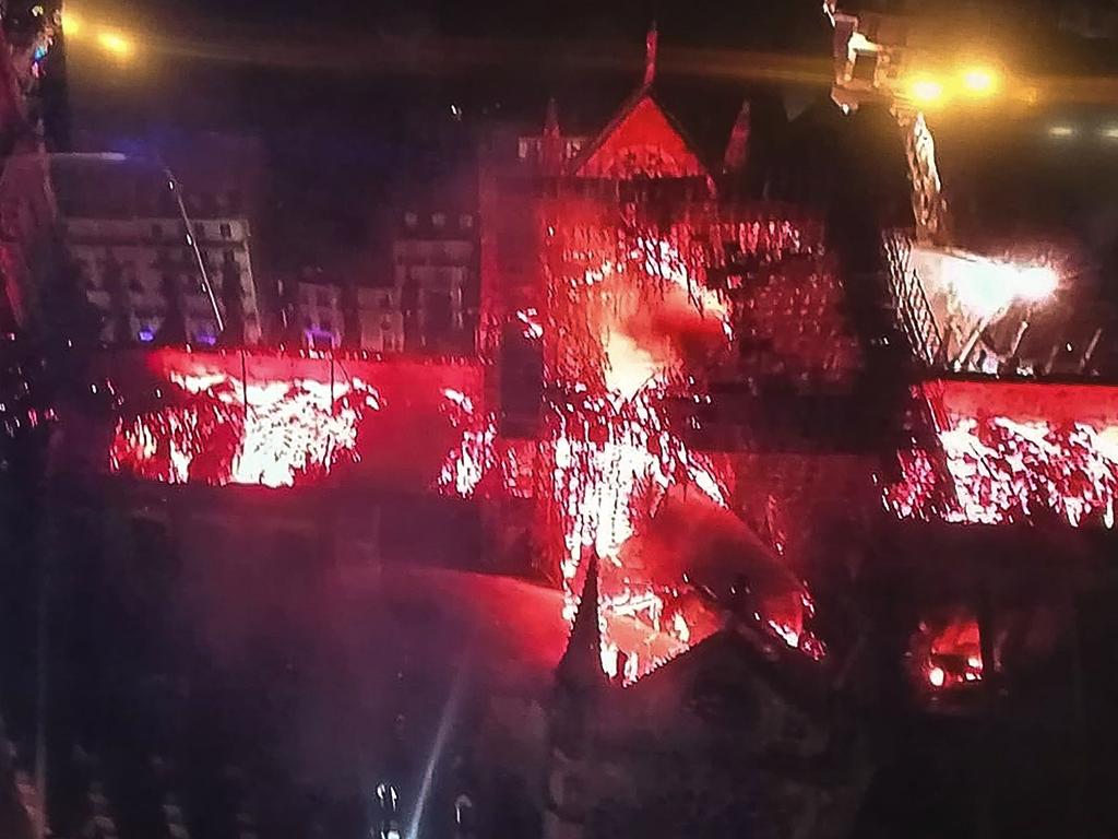 An aerial view of the Notre-Dame Cathedral engulfed in flames. Picture: AFP