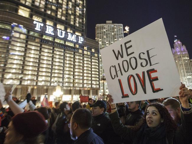 Demonstrators protest outside of the Trump Tower November 9, 2016 in Chicago, Illinois. Picture: AFP
