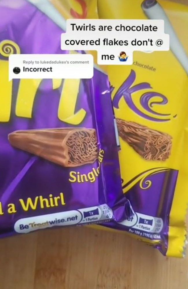 A man strongly believes Twirl and Flake are the exact same chocolate. Picture: TikTok/thegoosefighter