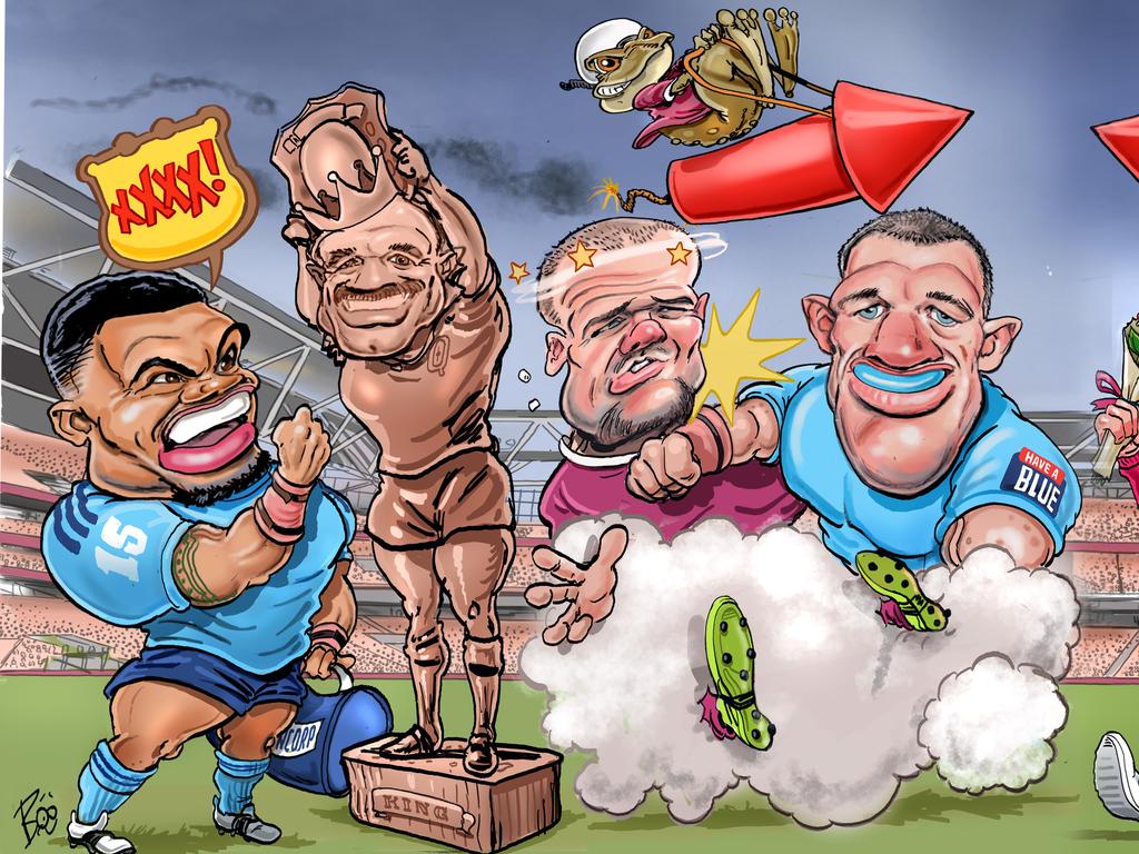 Phil 'Buzz' Rothfield and Robert 'Crash' Craddock go head to head for Buzz State of Origin I. Art: Scott 'Boo' Bailey