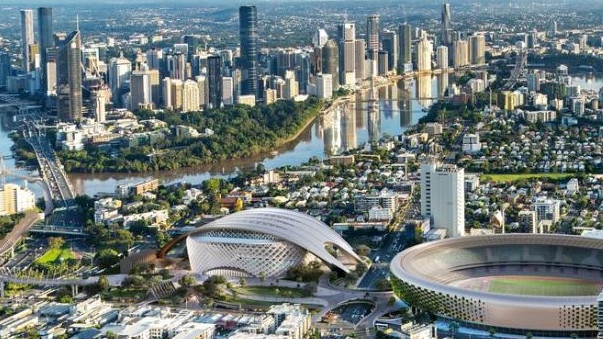 An early concept for a Brisbane Arena alongside a redeveloped Gabba stadium