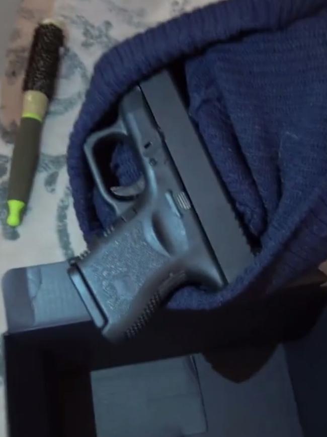 The 9mm Glock pistol was found with ammo in Budge’s wardrobe. Picture: Supplied