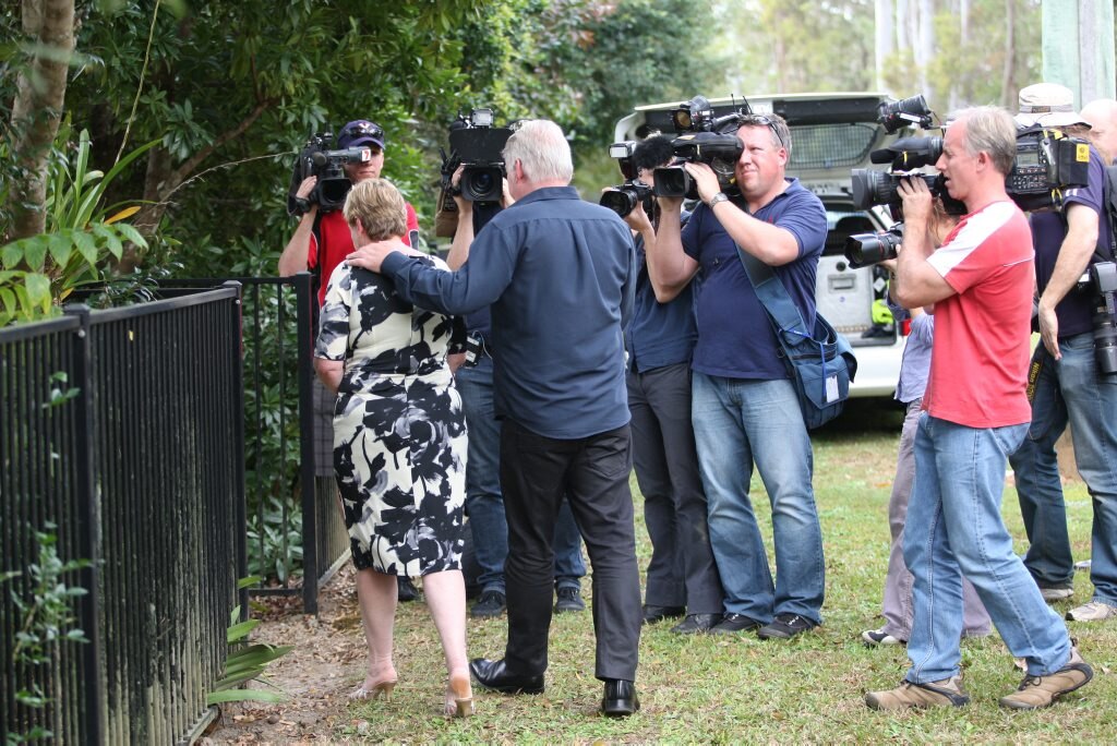 Denise and Bruce Morcombe talk to the media outside their home after police announced the night before that they have charged a man with the murder of their son Daniel. Picture: Nicholas Falconer