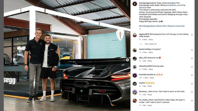 Australian entrepreneur Adrian Portelli has taken delivery of a Koenigsegg Jesko supercar. Picture: Instagram