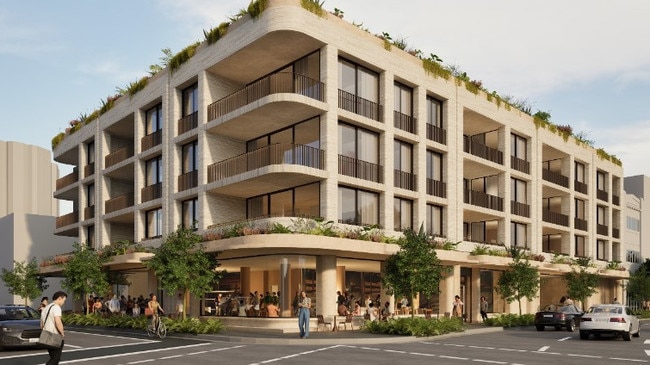 An artist's impression of the $100 million ‘shop-top’ apartment complex to be built at the corner of Belgrave, Whistler and Raglan streets — opposite Manly Oval, in Manly. Picture: SJB Architects