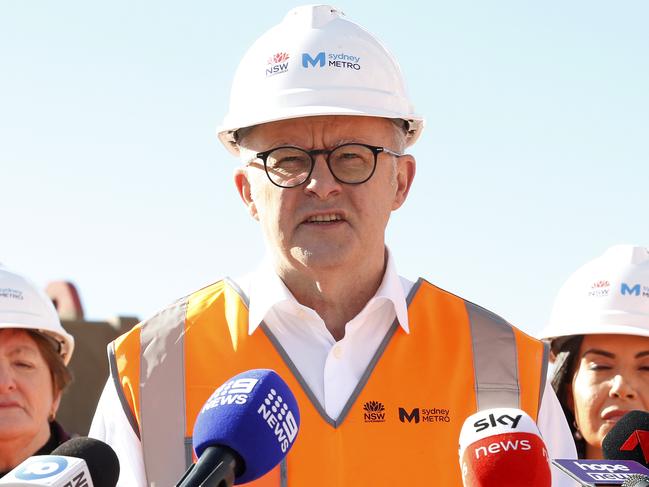 SYDNEY, AUSTRALIA - NewsWire Photos JUNE 12 , 2024:   Prime Minister, Anthony Albanese, speaks at apress conference on a visit to the Bradfield Station construction site. Prime Minister, Anthony Albanese, with the Premier of New South Wales, Chris Minns, and Federal Minister for Infrstructure Catherine King, Deputy Premier Prue Car, NSW Transport Minister Jo Haylen, NSW  Minister for planning and Public spaces Paul Scully and the Member for Werriwa, Anne Stanley visit the construction site of the new Bradfield station in the Western Sydney Aerotropolis.  Picture: NewsWire / John Appleyard