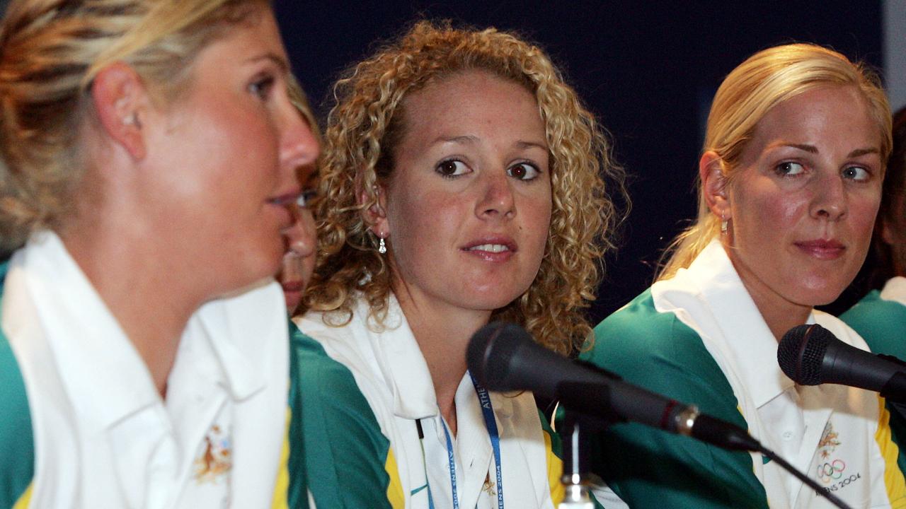 Rowers Kyeema Doyle (L), Julia Wilson and Sally Robbins at a press conference after the 2004 Athens final