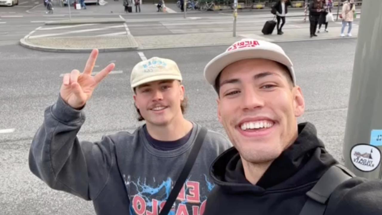 Brisbane Broncos player Jordan Riki (right) with Liam Hampson on holiday.