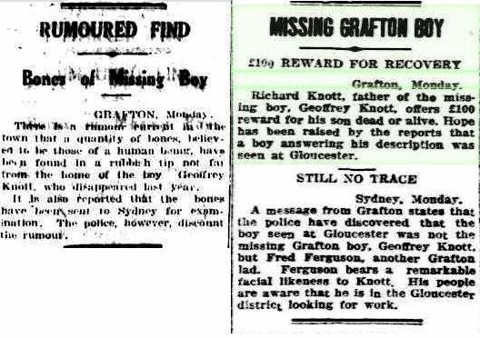 Geoffrey Knott went missing in Grafton on April 29, 1929. Left: Canberra Times, Canberra, Tuesday January 7, 1930. Right: Barrier Miner, Broken Hill, Monday May 20, 1929. Picture: Caitlan Charles