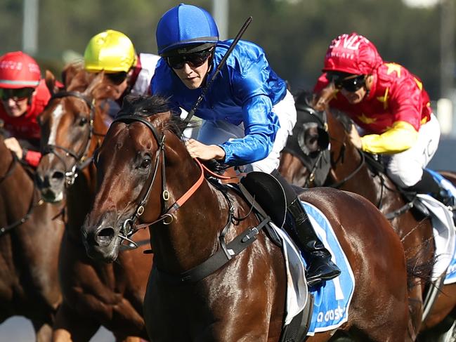 SYDNEY, AUSTRALIA - FEBRUARY 22: Zac Lloyd riding Broadsiding win Race 8 Kia Ora Hobartville Stakes during Sydney Racing at Rosehill Gardens on February 22, 2025 in Sydney, Australia. (Photo by Jeremy Ng/Getty Images)