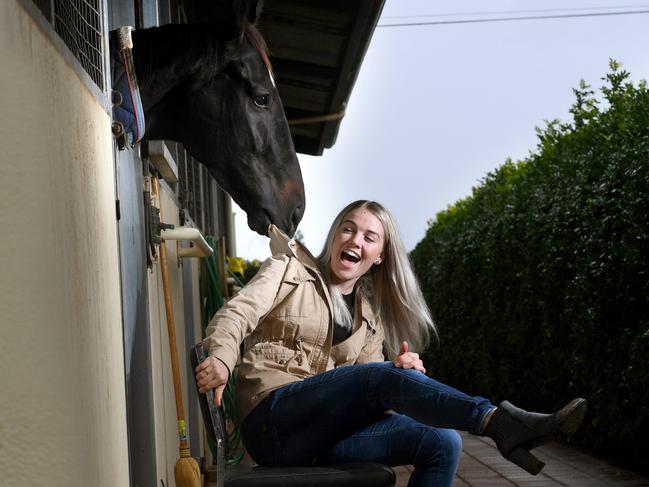 Jockey Raquel Clark with Star Status who she is riding in the SA Derby at trainer Leon Macdonald stables. Clark has been the rising star in SA's riding ranks over the past year winning the Dux of the Apprentice Academy while leading the SA premiership. Picture: Tricia Watkinson