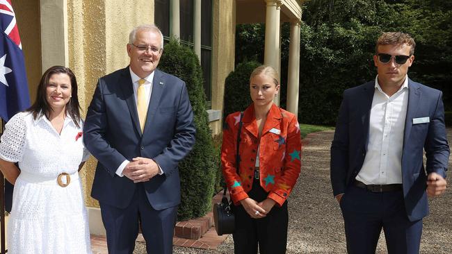 The fateful meeting … Jenny and Scott Morrison with Grace Tame and her fiance Max Heerey. Picture: NCA NewsWire / Gary Ramage