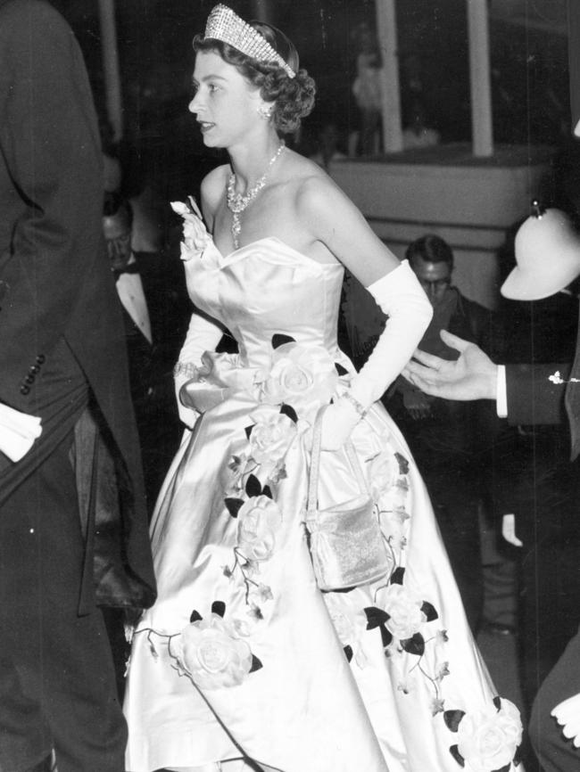 Royal Tour ... Queen Elizabeth II arrives at the Sydney Town Hall to attend a State Ball in 1954. Picture: Supplied.