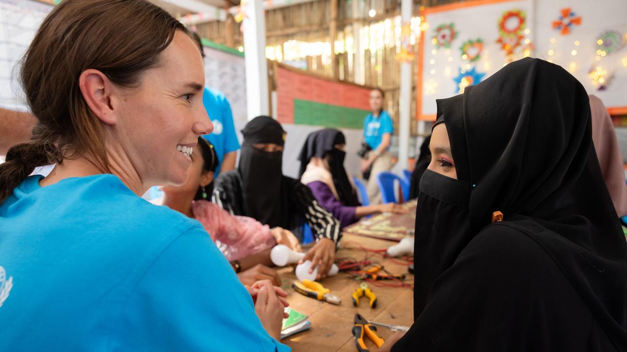 Emma McKeon is inspired after meeting children inside Cox’s Bazar. Picture: Jason Edwards