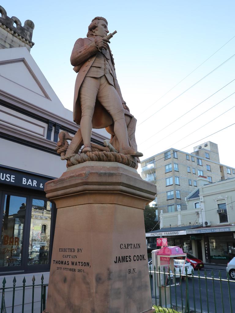 A statue of Captain Cook on Belmore Road in Randwick appears to have been sprayed with black paint. Picture: Rohan Kelly.