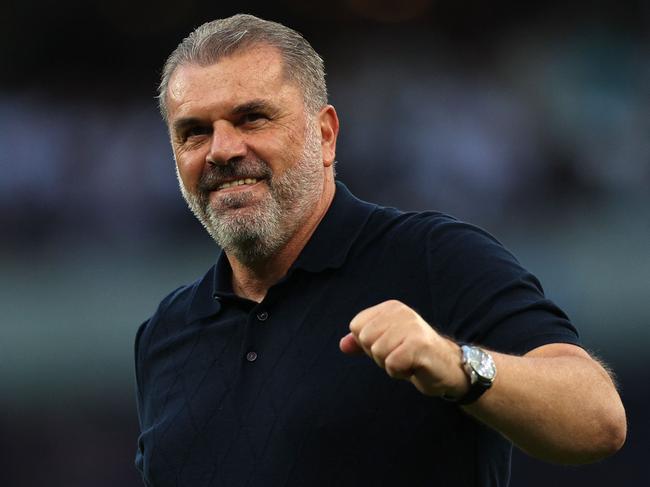 Tottenham Hotspur's Greek-Australian Head Coach Ange Postecoglou celebrates at the end of the English Premier League football match between Tottenham Hotspur and Manchester United at Tottenham Hotspur Stadium in London, on August 19, 2023. (Photo by Adrian DENNIS / AFP) / RESTRICTED TO EDITORIAL USE. No use with unauthorized audio, video, data, fixture lists, club/league logos or 'live' services. Online in-match use limited to 120 images. An additional 40 images may be used in extra time. No video emulation. Social media in-match use limited to 120 images. An additional 40 images may be used in extra time. No use in betting publications, games or single club/league/player publications. /