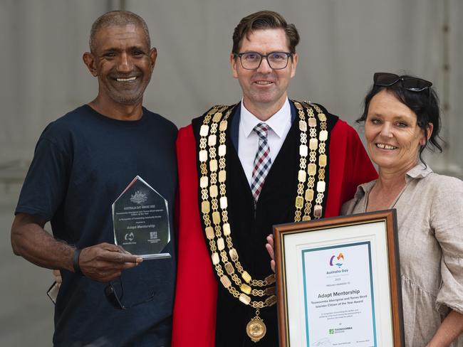 Adam and Susy Wenitong of Adapt Mentorship are named the Toowoomba Aboriginal and Torres Strait Islander Citizen of the Year, pictured with Toowoomba Mayor Geoff McDonald, at Toowoomba Australia Day celebrations at Picnic Point, Sunday, January 26, 2025. Picture: Kevin Farmer