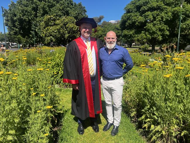 Dr Nathan Taylor (PhD in Infrastructure Engineering) and John Baird at the University of Melbourne graduations held at the Royal Exhibition Building on Friday, December 13, 2024. Picture: Jack Colantuono