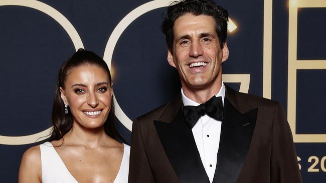 Wearing a vintage McQueen dress, Rebecca Harding posed with boyfriend Andy Lee on the Logies red carpet. Picture: Getty Images