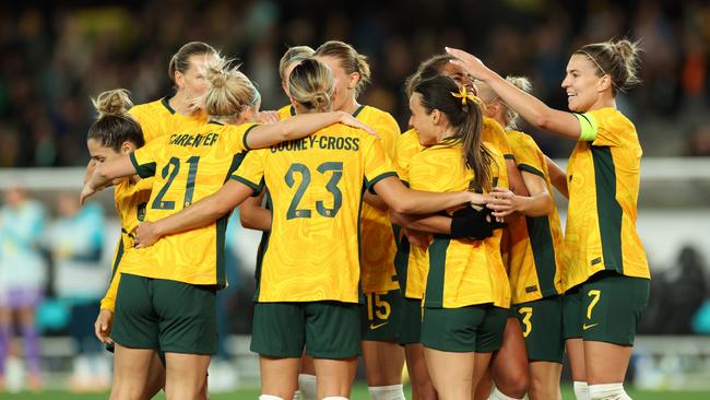 MELBOURNE, AUSTRALIA - JULY 14: Matildas celebrate a goal during the International Friendly match between the Australia Matildas and France at Marvel Stadium on July 14, 2023 in Melbourne, Australia. (Photo by Mackenzie Sweetnam/Getty Images)