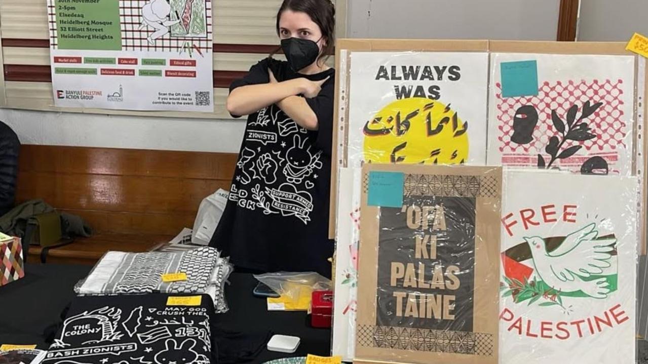 Carla Scotto is pictured wearing and selling the tees at the Heidelberg Mosque. Picture: Supplied.