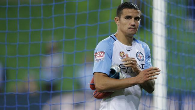 A dejected Tim Cahill of Melbourne City leaves the ground.