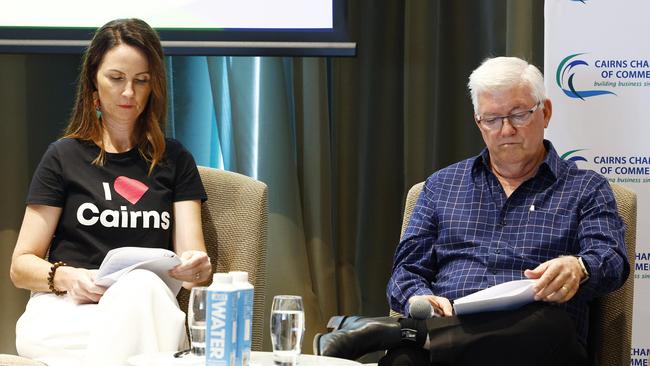 Cairns mayoral candidates Amy Eden and Terry James look through their notes at the Cairns Chamber of Commerce's mayoral election debate lunch, held at the Pullman Reef Hotel Casino. Picture: Brendan Radke