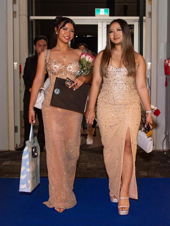 Trisha Fetalina and Anjelica Santos at the Year 12 School formals of Darwin High School at Darwin Convention Centre, Darwin. Picture: Pema Tamang Pakhrin.