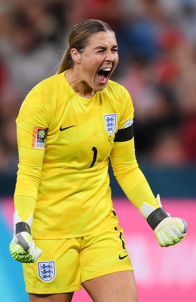 England goalkeeper Mary Earps celebrates the team's 1-0 victory against Denmark in Sydney. Picture: Justin Setterfield/Getty Images