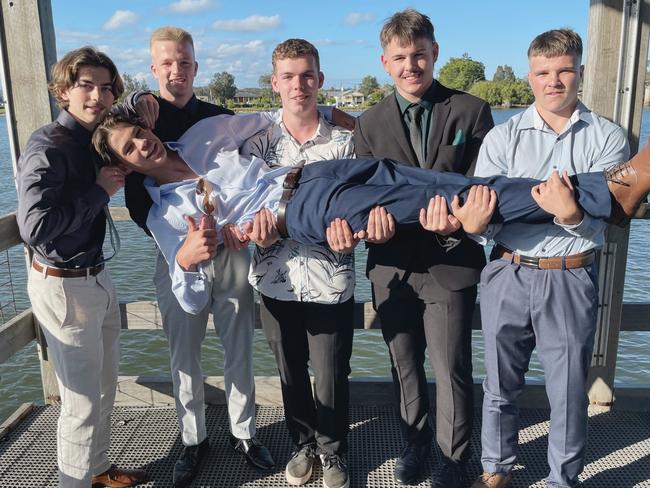 Yer, the boys. Max Thompson, Jai Wassens, Blake Spear, Kye Garzoli and Tommy Martin. Year 12 Macksville High School formal on the banks of the Nambucca River, November 10, 2022. Picture: Chris Knight