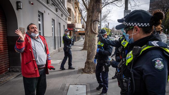 Anti-lockdown protesters attempted to stage a rally at state parliament in Melbourne's CBD on August 9. Picture: Jake Nowakowski