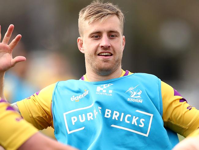 MELBOURNE, AUSTRALIA - SEPTEMBER 13: Cameron Munster of the Storm in action during a Melbourne Storm NRL training session at Gosch's Paddock on September 13, 2019 in Melbourne, Australia. (Photo by Kelly Defina/Getty Images)