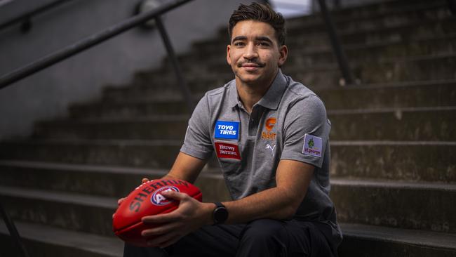 Toby Bedford poses for a photograph after he moved from the Melbourne Demons to the GWS Giants (Photo by Daniel Pockett/Getty Images)