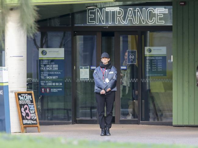 A security guard outside the safe injecting room in North Richmond. Picture: Wayne Taylor