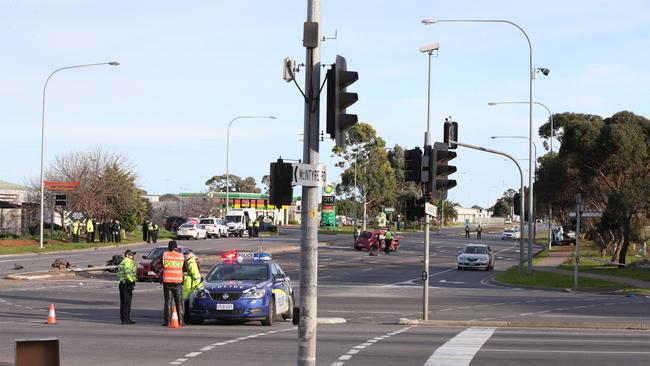 The scene of the fatal crash on the corner of Kings Road and Main North Road, Parafield. Picture: AAP Image/Dean Martin