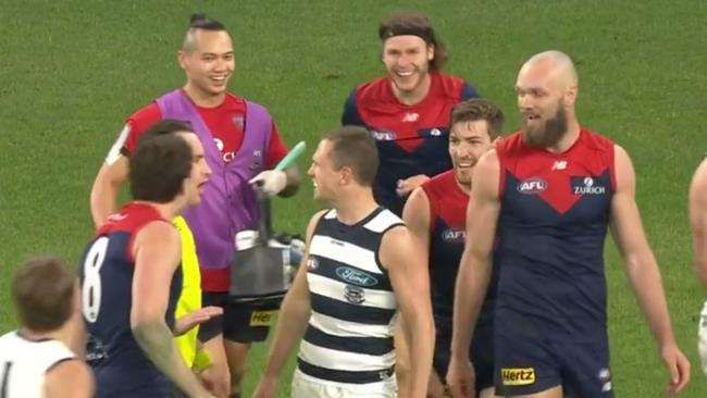 Melbourne players could see the funny side to things. Photo: Fox Footy