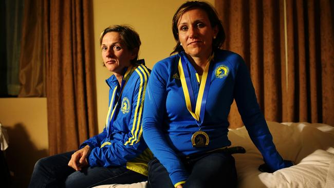 Personal trainer, Anna Liptak and her client Chantel Peacock in their Hilton Hotel Room after midnight in Boston in 2013 following the Boston Marathon in two bombs were detonated near the finish line. Picture: Andrew Quilty/The Australian.