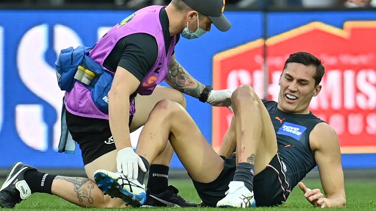 GWS will be sweating on Isaac Cumming’s ankle as their awful run with injuries continue. Picture: Getty Images