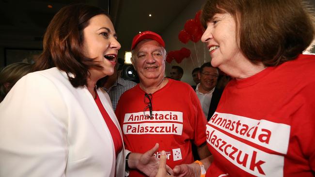 Annastacia Palaszczuk at her election party at the Queensland Lions Soccer Club in Richlands with dad Henry and mum Lorelle in 2015. Picutre: Adam Head